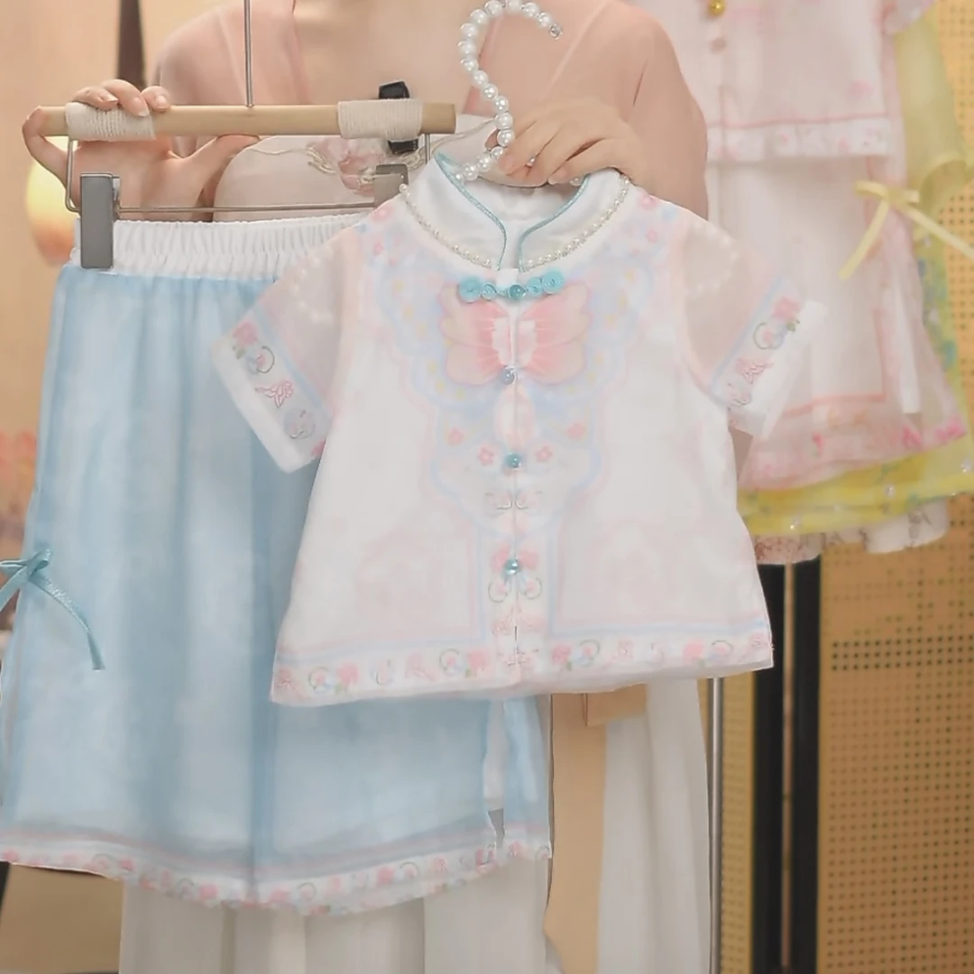 【现货】【短袖花蝶影】2025夏季新款儿童汉服中国风女童宝宝短袖套装