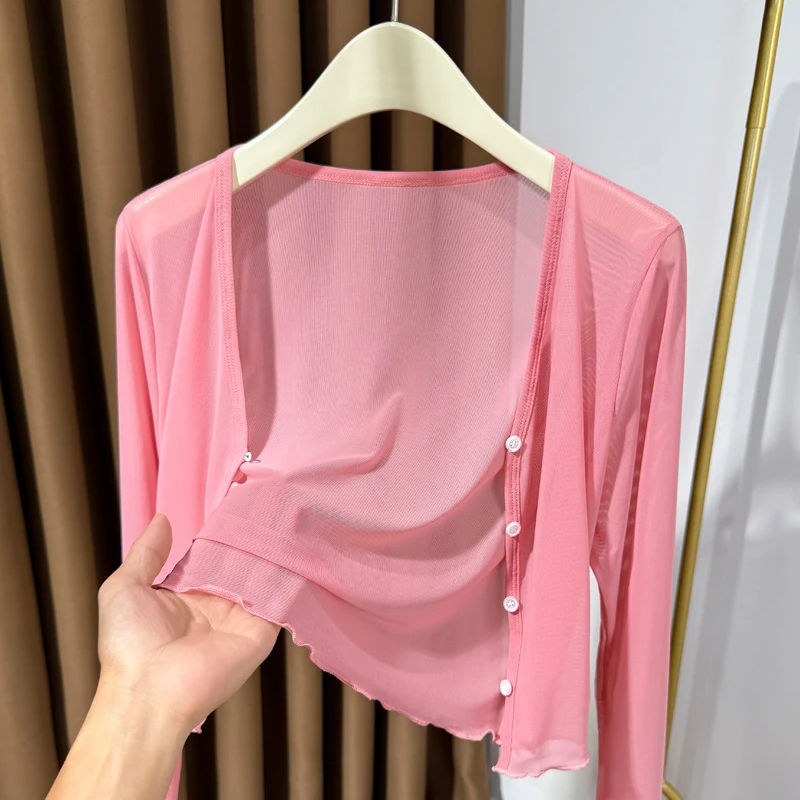 长袖冰丝网纱开衫2025爆款薄纱披肩夏天高级感披肩吊带裙外搭罩衫