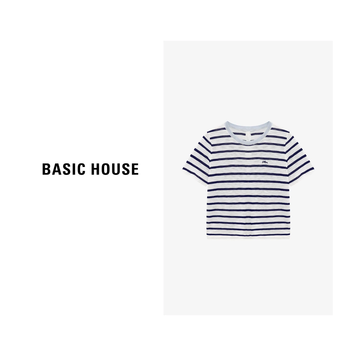 Basic House/百家好时尚复古条纹百搭透气简约针织衫-B0625B5Z232