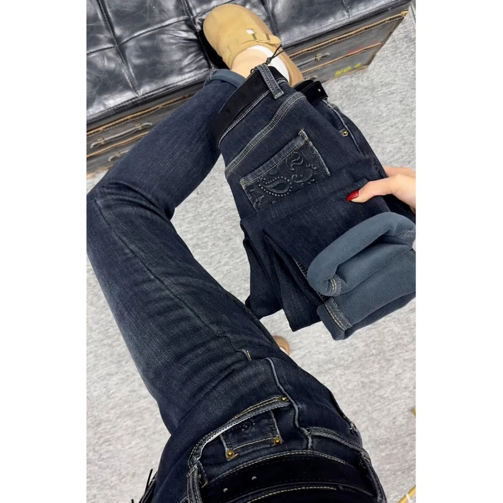 小脚牛仔裤女秋冬加绒大码小个子胖mm高腰显瘦梨形身材九分铅笔裤