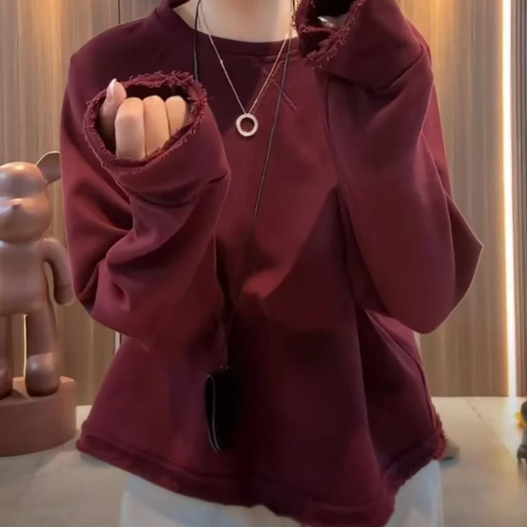 今年流行穿搭2025秋冬新款温柔风纯色翻毛袖口休闲风长袖百搭卫衣