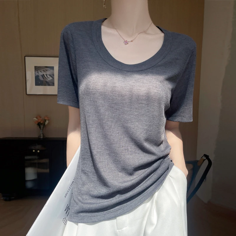 莱赛尔天丝短袖T恤女夏季新款U型领洋气针织时尚百搭凉感面膜t恤