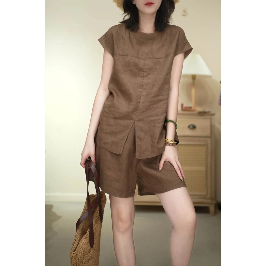 慵懒松驰感宽松上衣休闲短裤套装夏季新款时尚设计感气质两件套女