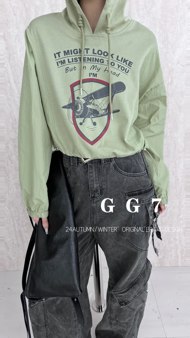 GG7#8035春季福利重工拼接抽绳连帽卫衣，衣长：43cm