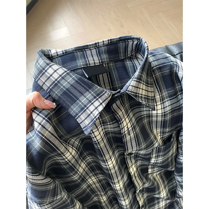 藏青色格子长袖衬衫男款叠穿高级感翻领格纹衬衣美式复古情侣外套