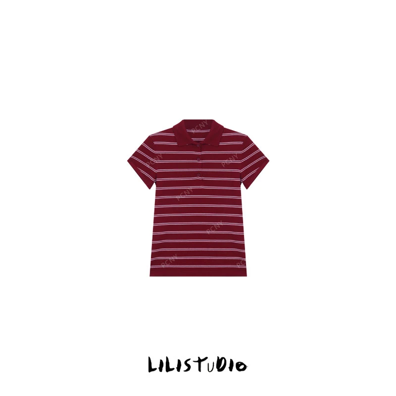 PCNY「日不落」不理理冬季新款小众女装美式复古条纹POLO领短袖t恤