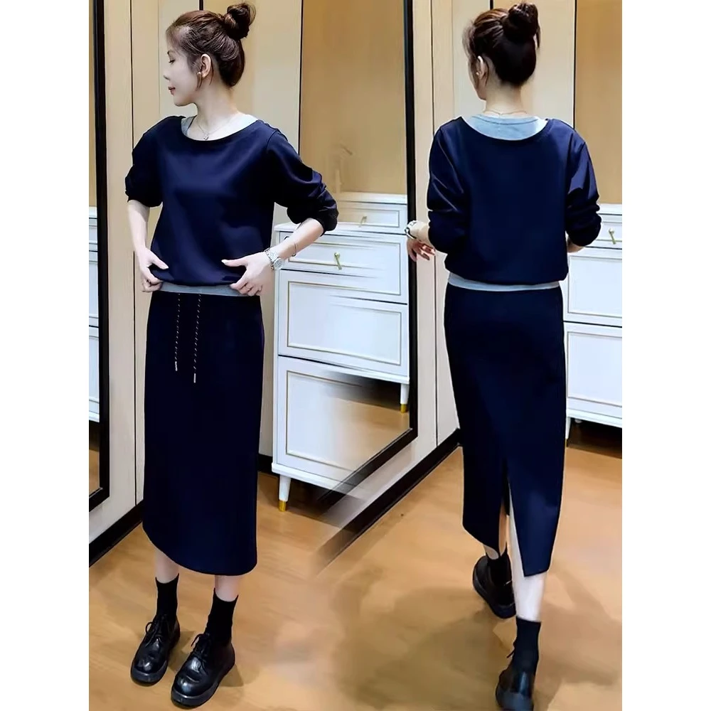 时尚套装裙女2025秋季新款洋气显瘦假两件拼接卫衣半身裙两件套潮