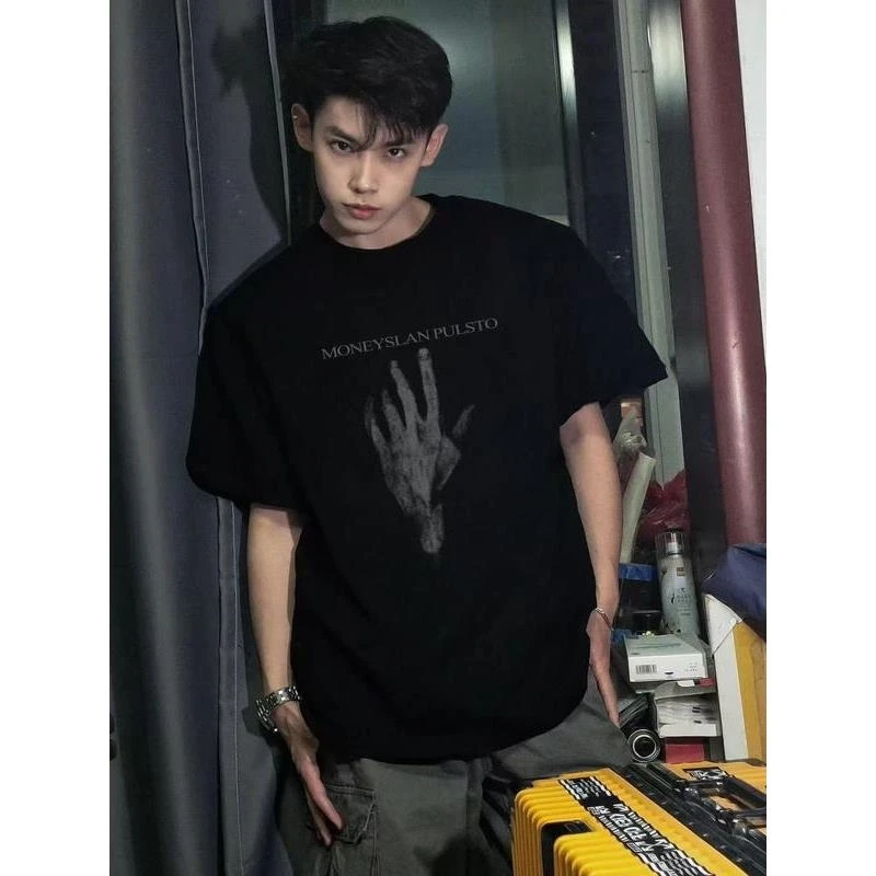 新款国潮牌美式暗黑风印花短袖t恤男生春夏季重磅潮牌宽松上衣潮