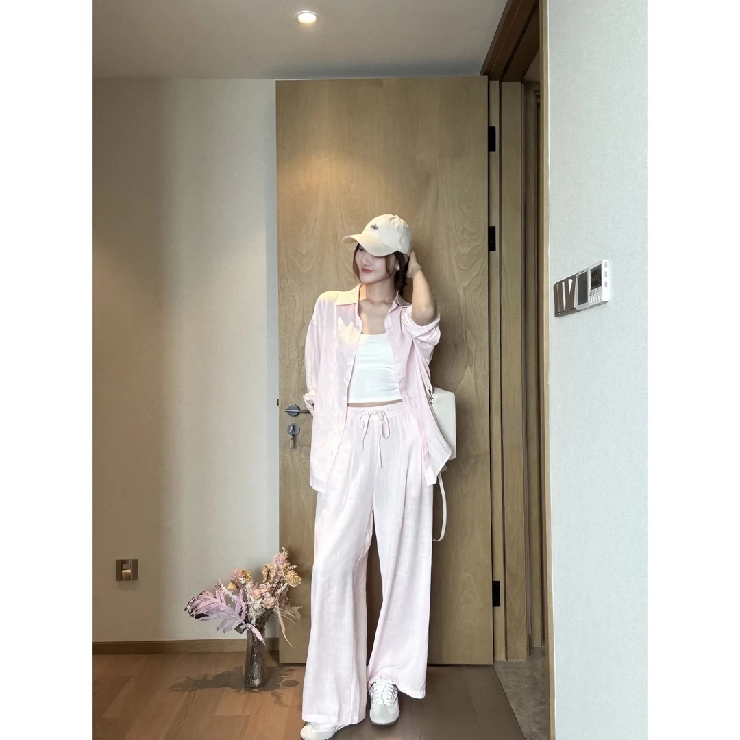 向晚.淡人穿搭亚麻套装女2025宽松衬衫+休闲阔腿裤两件套