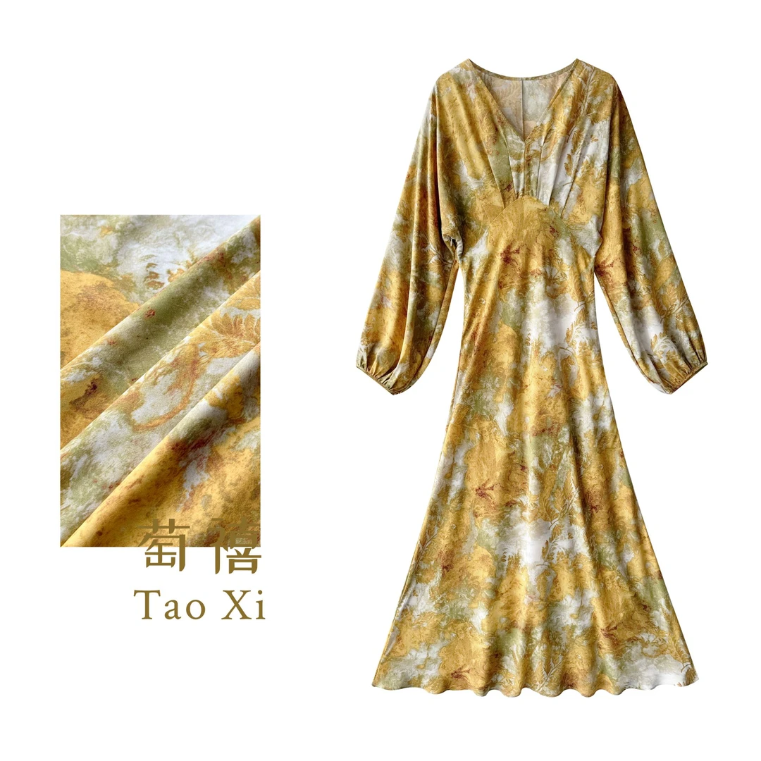 【萄禧】设计师时尚印花V领长袖气质显瘦优雅法式连衣裙TX05QZ6428