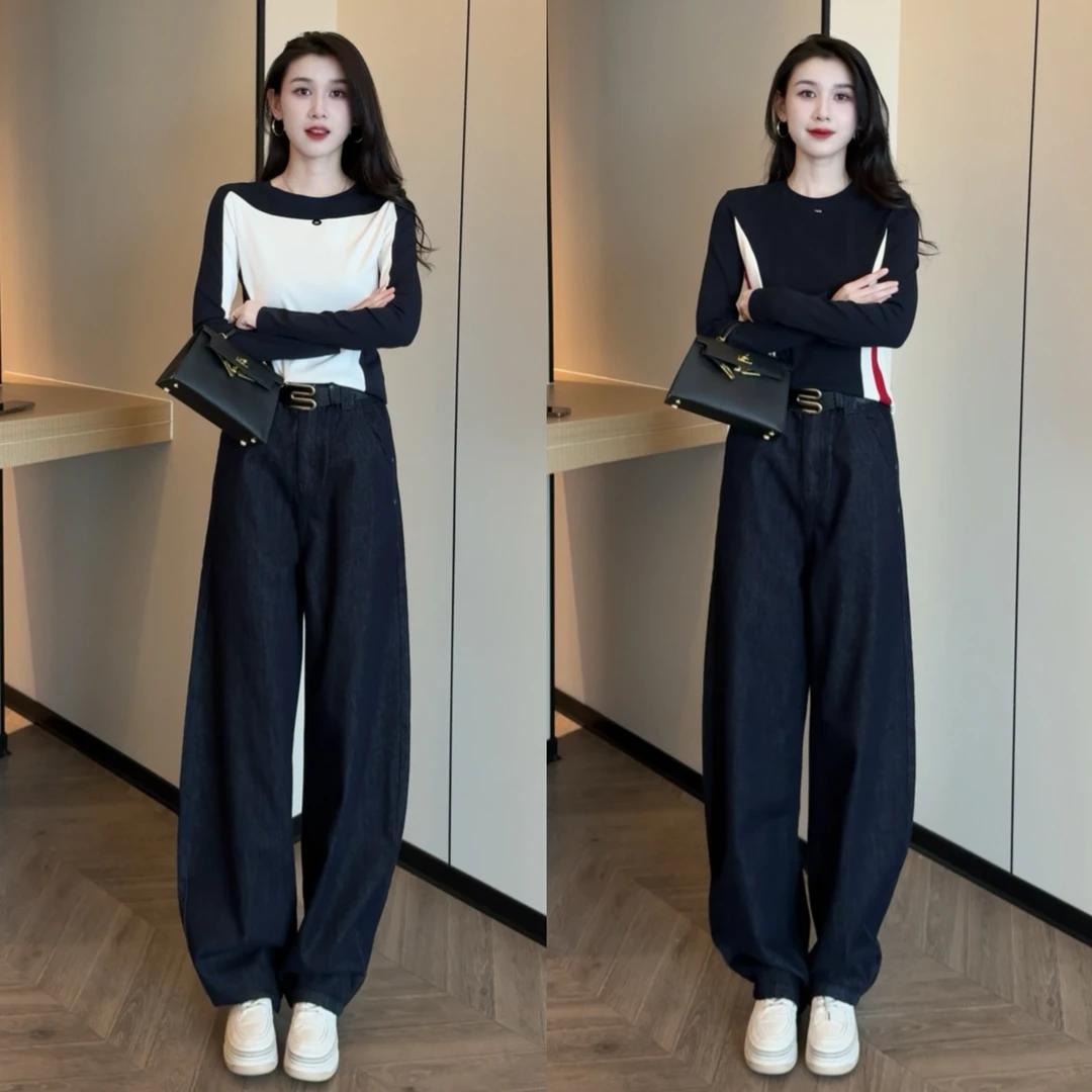 韩系腰线拼色长袖t恤女2025新款爆款早秋时尚百搭上衣＋弯刀裤