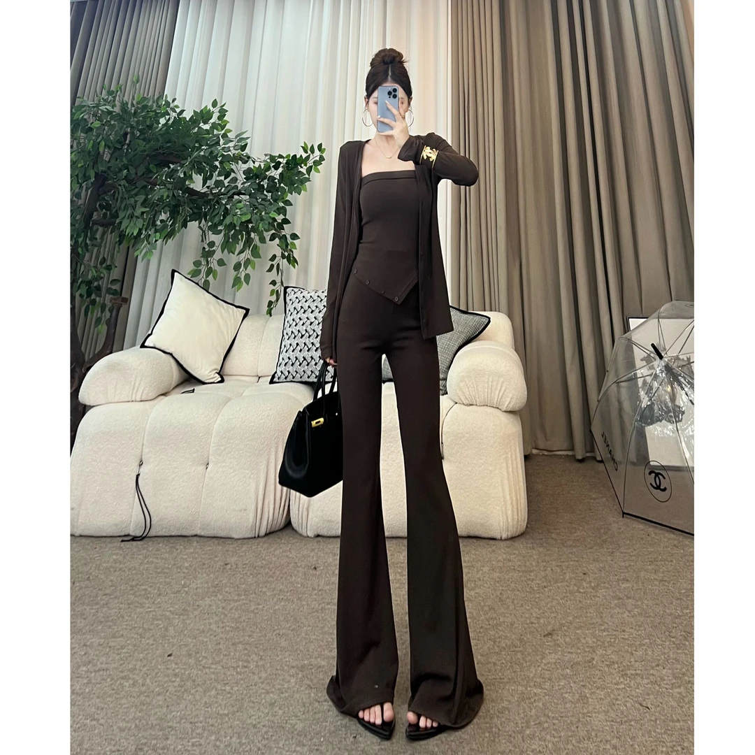 高冷御姐气质套装慵懒抹胸不规则上衣针织开衫微喇裤三件套高腰