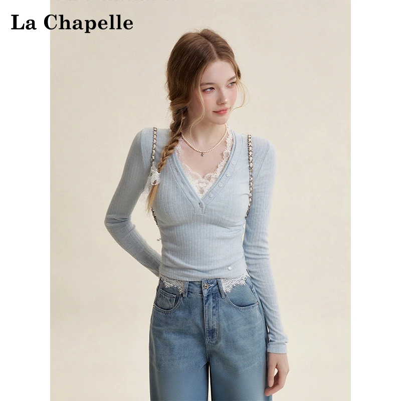 拉夏贝尔双层领纯欲蕾丝法式甜美拼接修身针织初秋设计感长袖T恤