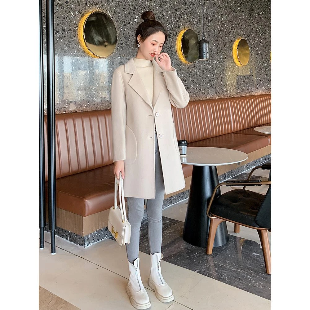 小个子米白色双面羊毛大衣女新款秋冬气质修身显瘦毛呢子大衣外套
