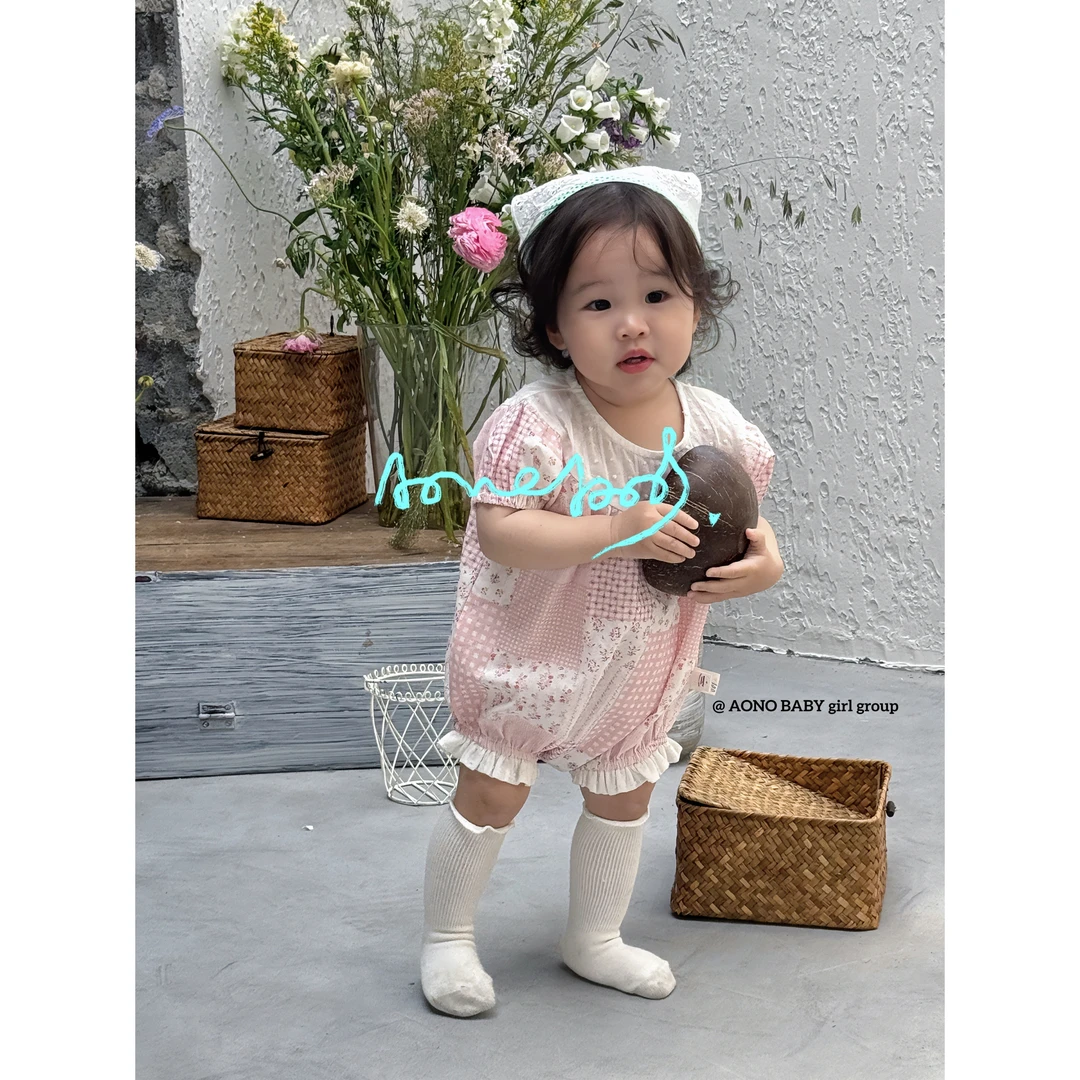 婴童·25夏~格子花布拼接爬爬服X015