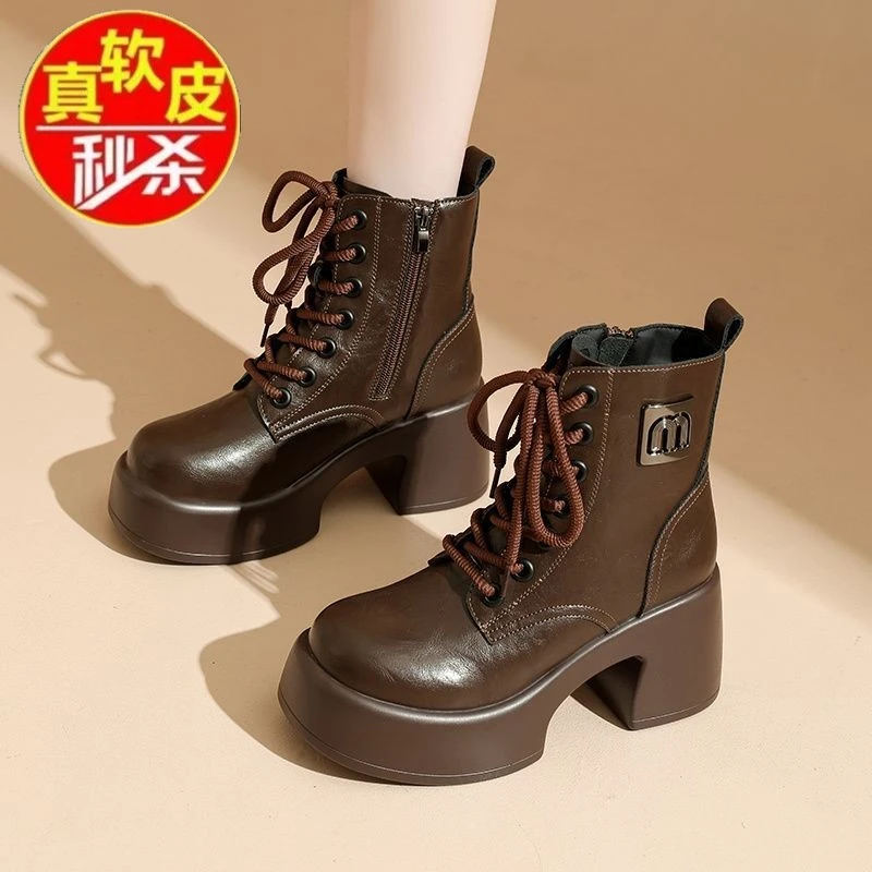 品牌断码真皮小个子增高马丁靴女2025秋冬新款厚底百搭英伦风短靴