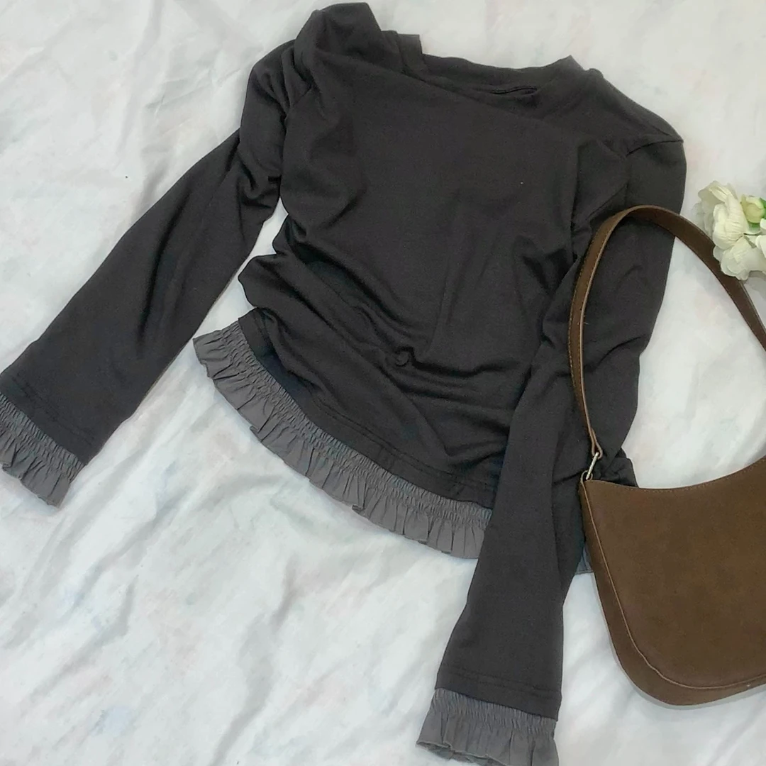 J1863花边磨毛长袖T恤圆领打底韩系百搭内搭2024秋冬季