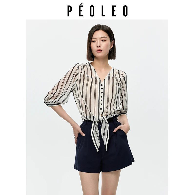 飘蕾2025夏季新款气质简约时尚条纹系带衬衫上衣女PK6109253