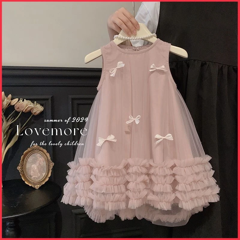 2025女童夏季新款洋气宝宝蝴蝶结无袖网纱儿童公主连衣裙礼服