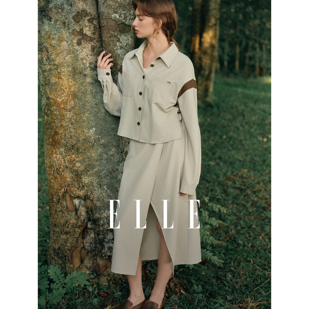 ELLE浅卡其工装风设计感收腰连衣裙女2025春新款撞色休闲EL50651