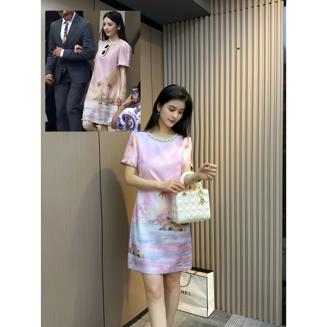 Y S Q 夏季新款天王嫂同款气质印花圆领连衣裙