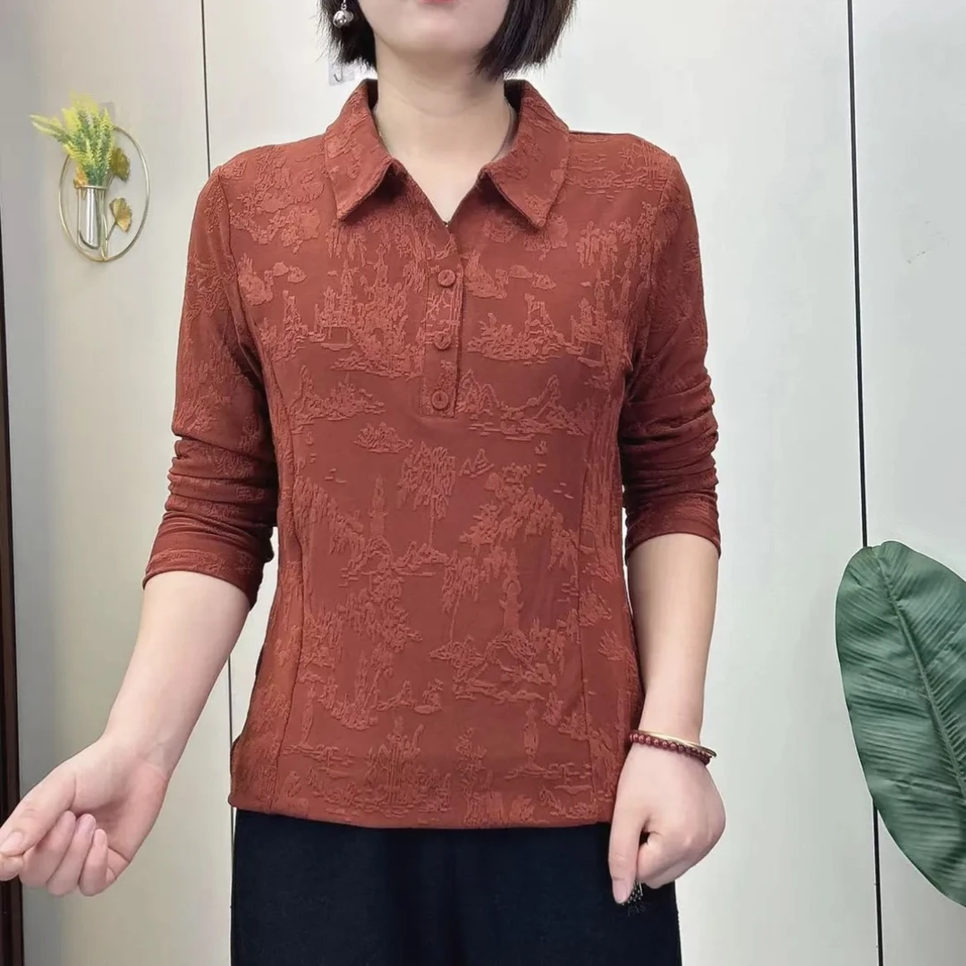 1218-02提花polo领长袖女士印花洋气翻领休闲上衣