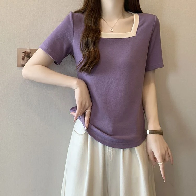 夏季新款方领正肩撞色短袖t恤女胖mm大码时尚显瘦棉质百搭上衣服