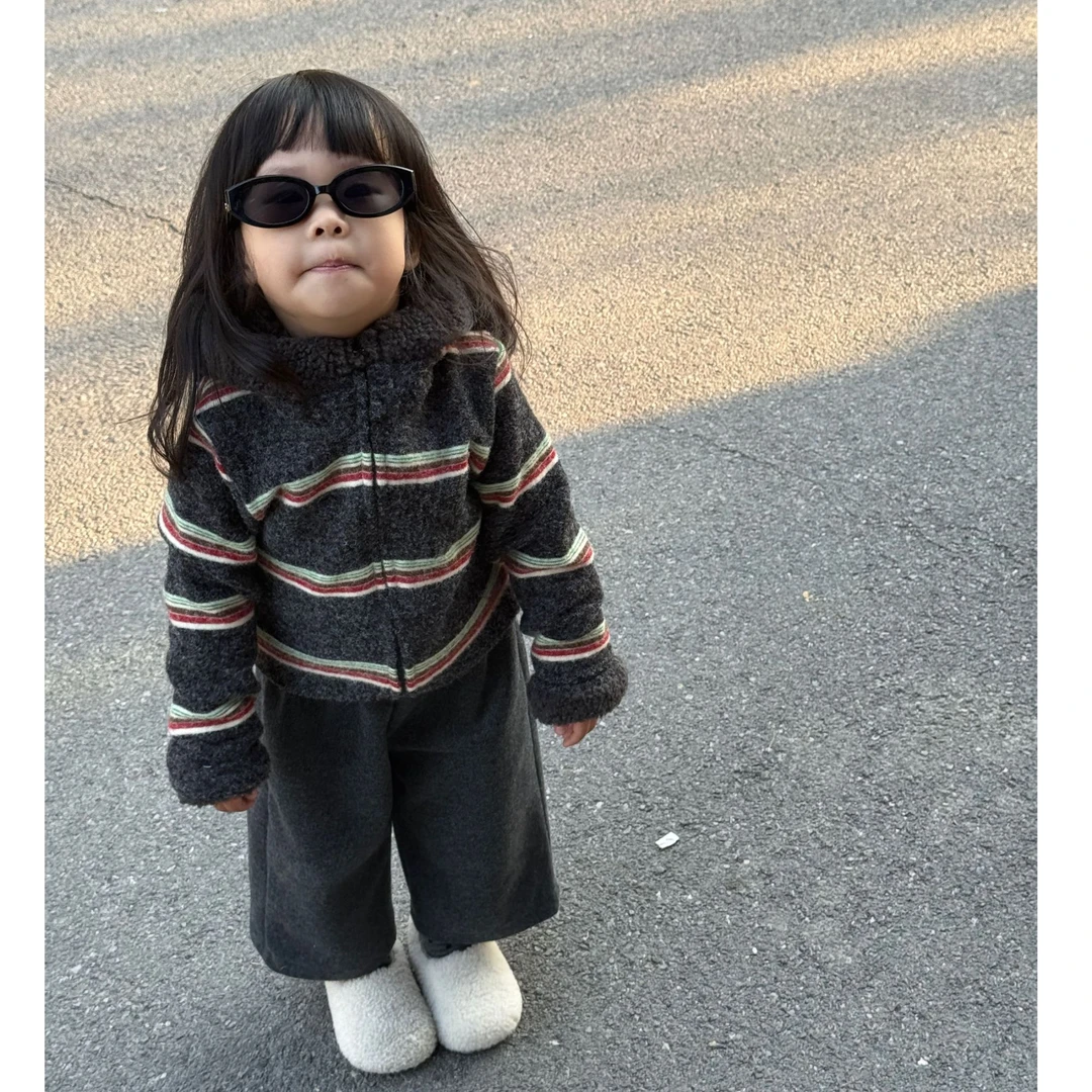 壹妈童装秋冬2025年新款女童条纹时尚连帽外套洋气百搭灰色长裤