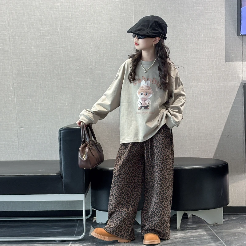 女童秋装套装2025新款儿童洋气长袖t恤女大童时髦阔腿裤两件套潮