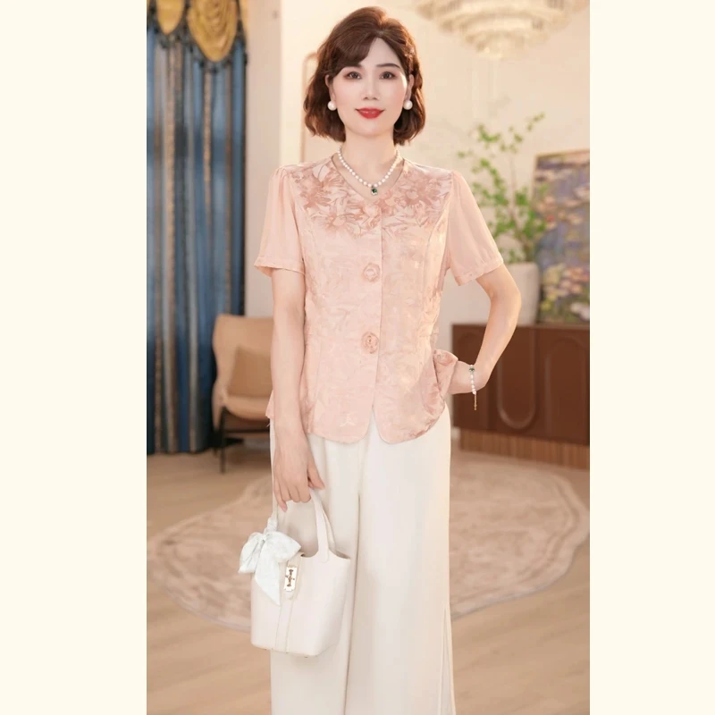 2025新款洋气中老年女装时尚国风上衣套装气质妈妈夏季上衣服