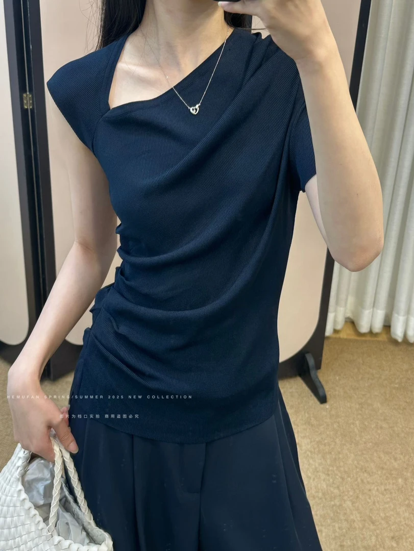 常规不对称短袖斜领纯色通勤T恤时尚半袖休闲方领