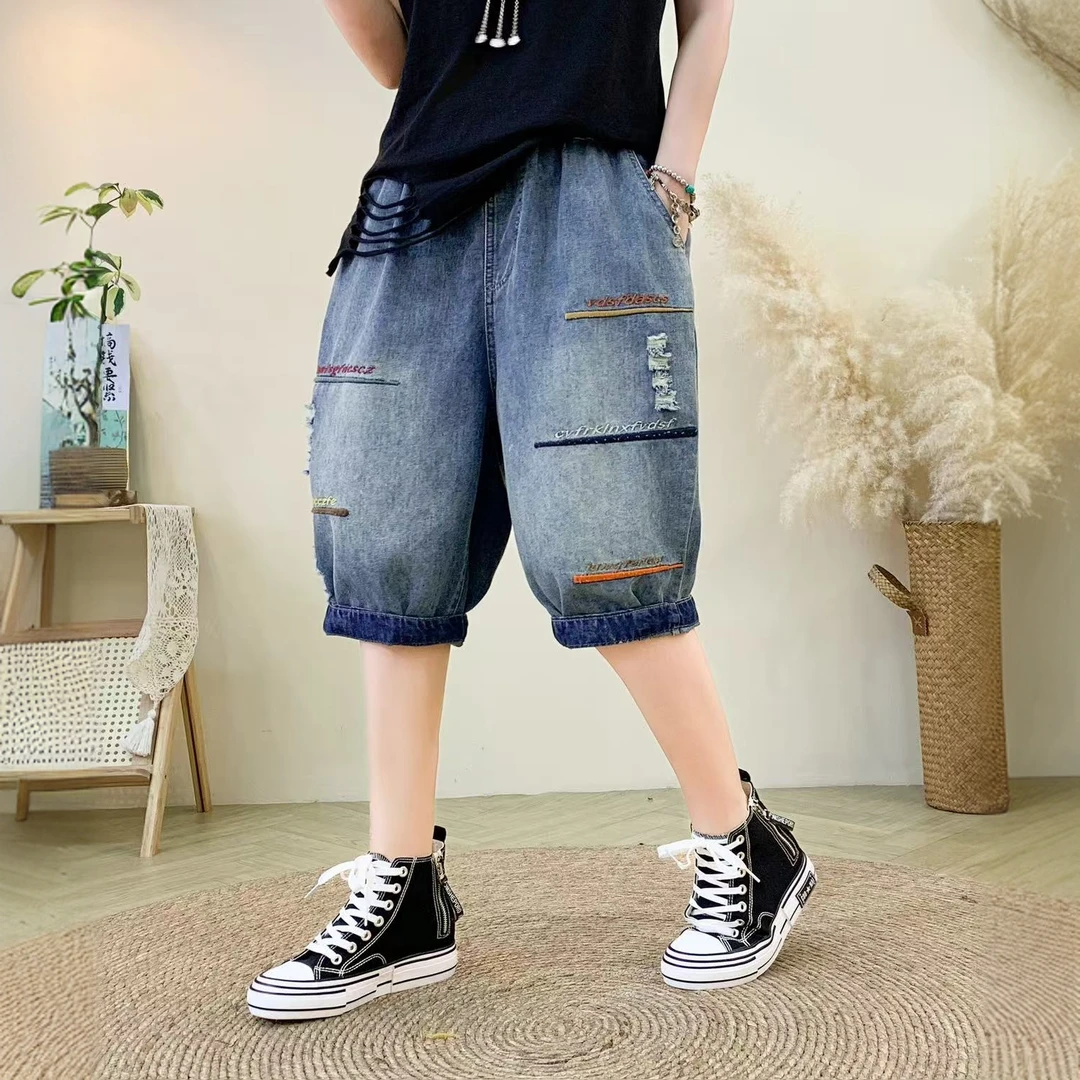 204复古文艺水洗牛仔双喜字刺绣六分裤夏季系带显瘦哈伦裤女宽松