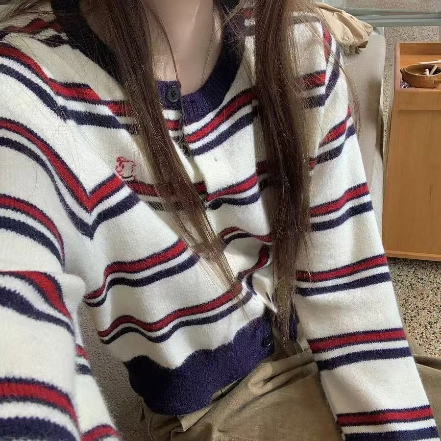 复古撞色条纹针织衫宽松开衫毛衣外套女装春秋季短款显瘦长袖上衣