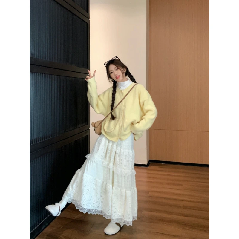 甜美韩系加绒蕾丝蛋糕半身裙女秋冬2024新款时尚温柔显瘦A字裙