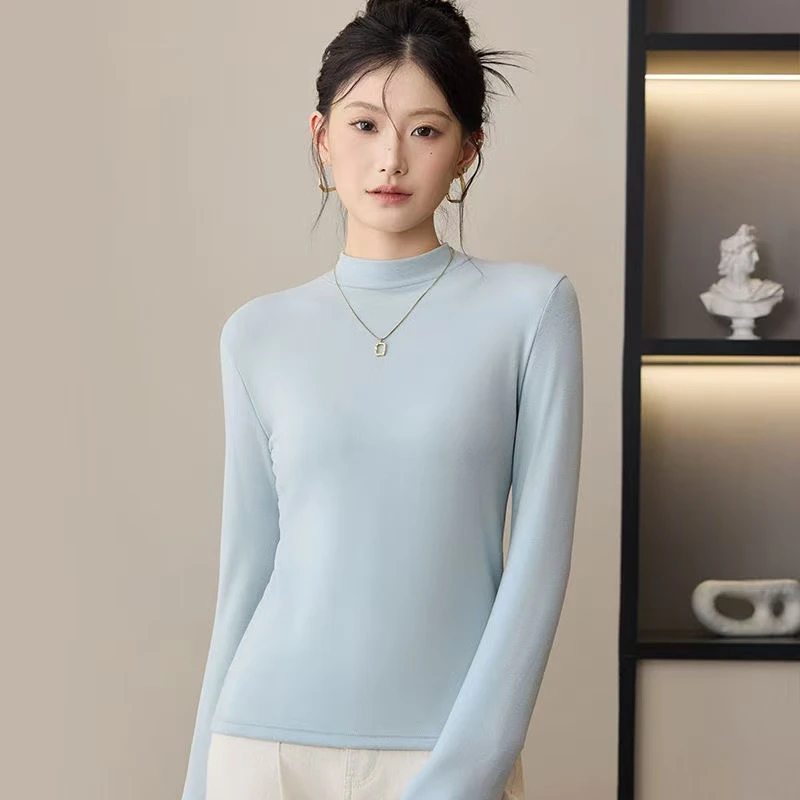 半高领桑蚕丝长袖软糯修身针织T恤有弹力纯色修身型