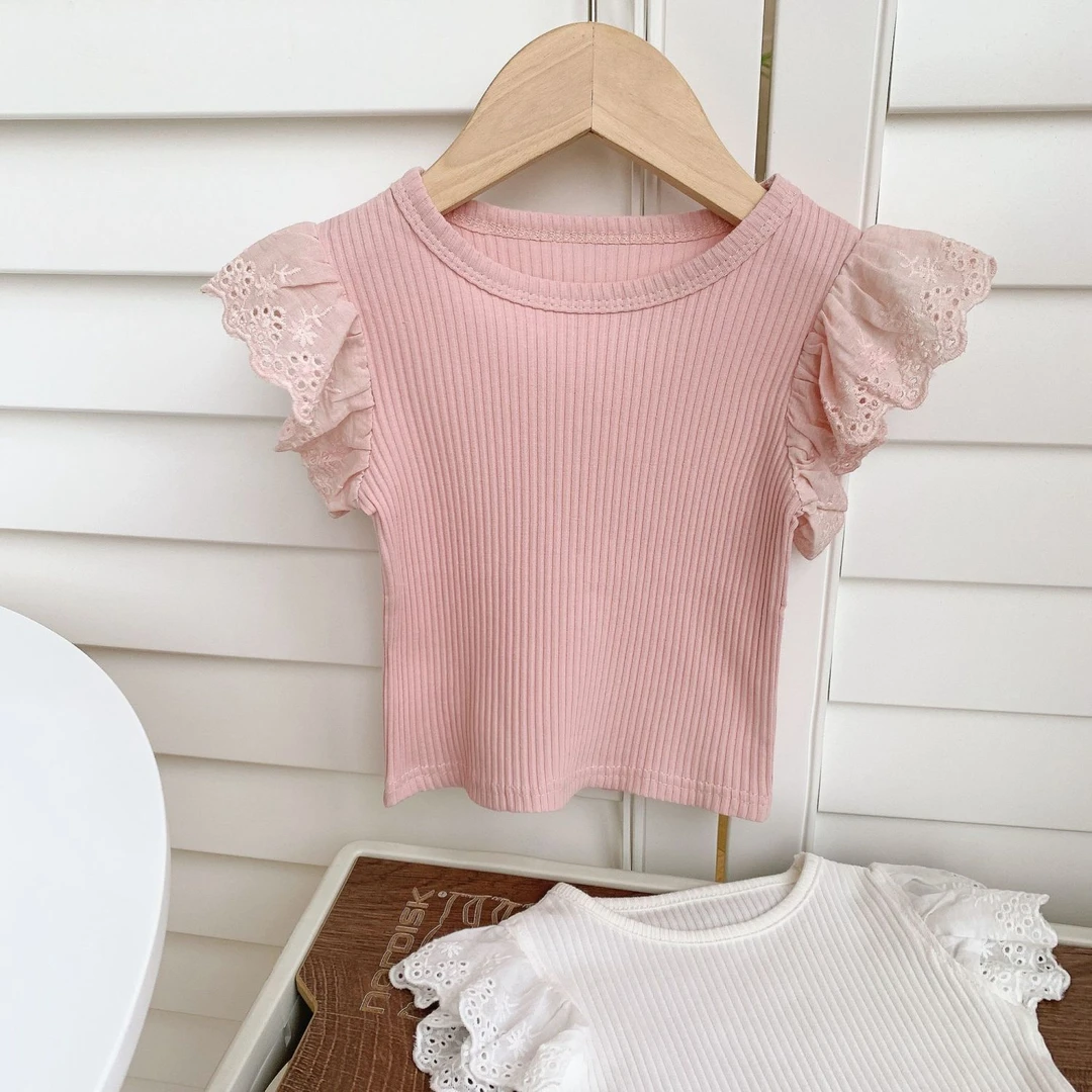 棉质2025夏女童公主风飞袖T恤爆款时尚韩系短袖小童洋气外穿上衣