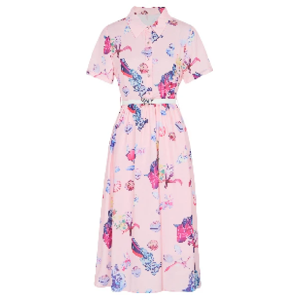 【粉丝专享】裙子短袖碎花长裙连衣裙蜜桃印花连衣裙夏季VHSF07DRX0