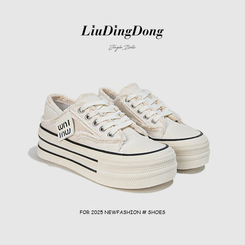【刘叮咚女鞋】流苏边帆布鞋半拖女秋外穿鞋透气休闲鞋一脚蹬小白鞋