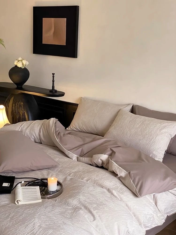 高级感~100S高支提花全棉四件套简约轻奢贡缎长绒棉四件套推荐