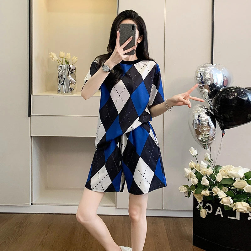 夏季新款设计感洋气炸街韩版休闲套装女棋盘格短袖短裤网红两件套