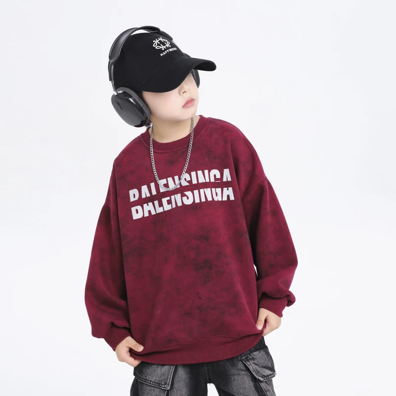 美式男童红色卫衣春秋款2025新款中大童春装打底衫炸街喜庆上衣潮