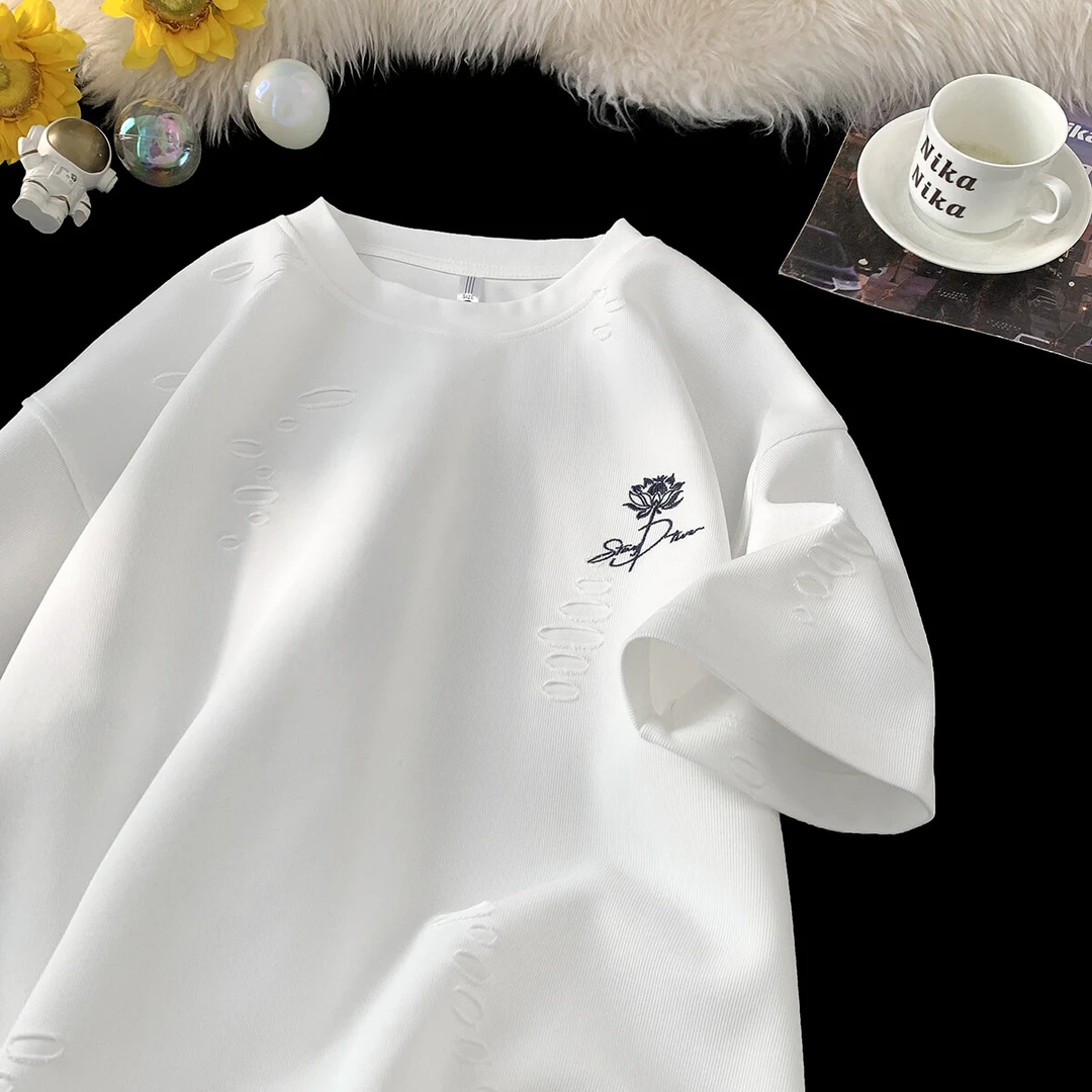 开口笑破洞花卉刺绣冰丝男士短袖T恤夏季新款宽松百搭帅气上衣