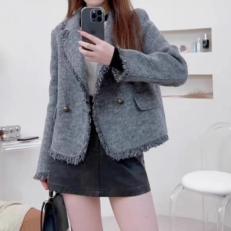 【吴姐】韩版修身格子西装厚款短款洋气毛呢外套001