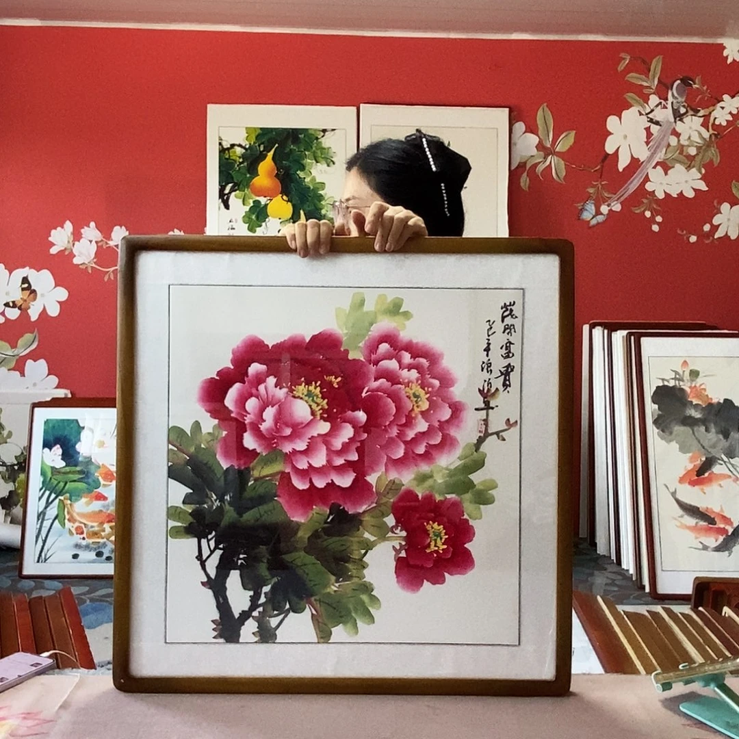 国画手写手绘国画作品带框包邮62✖️62
