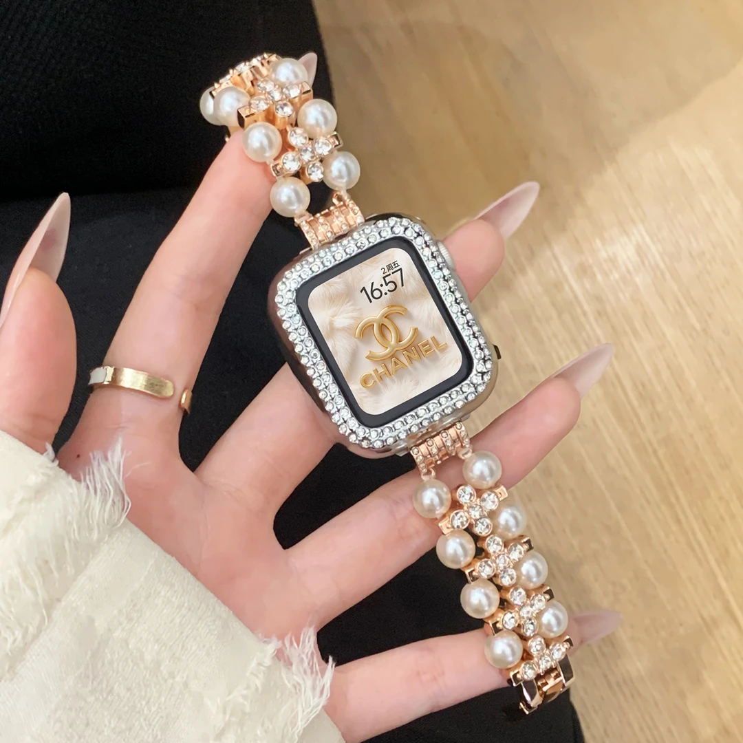 UhADa适用iwatchS10表带新款苹果手表表带双排珍珠小香风智能运动