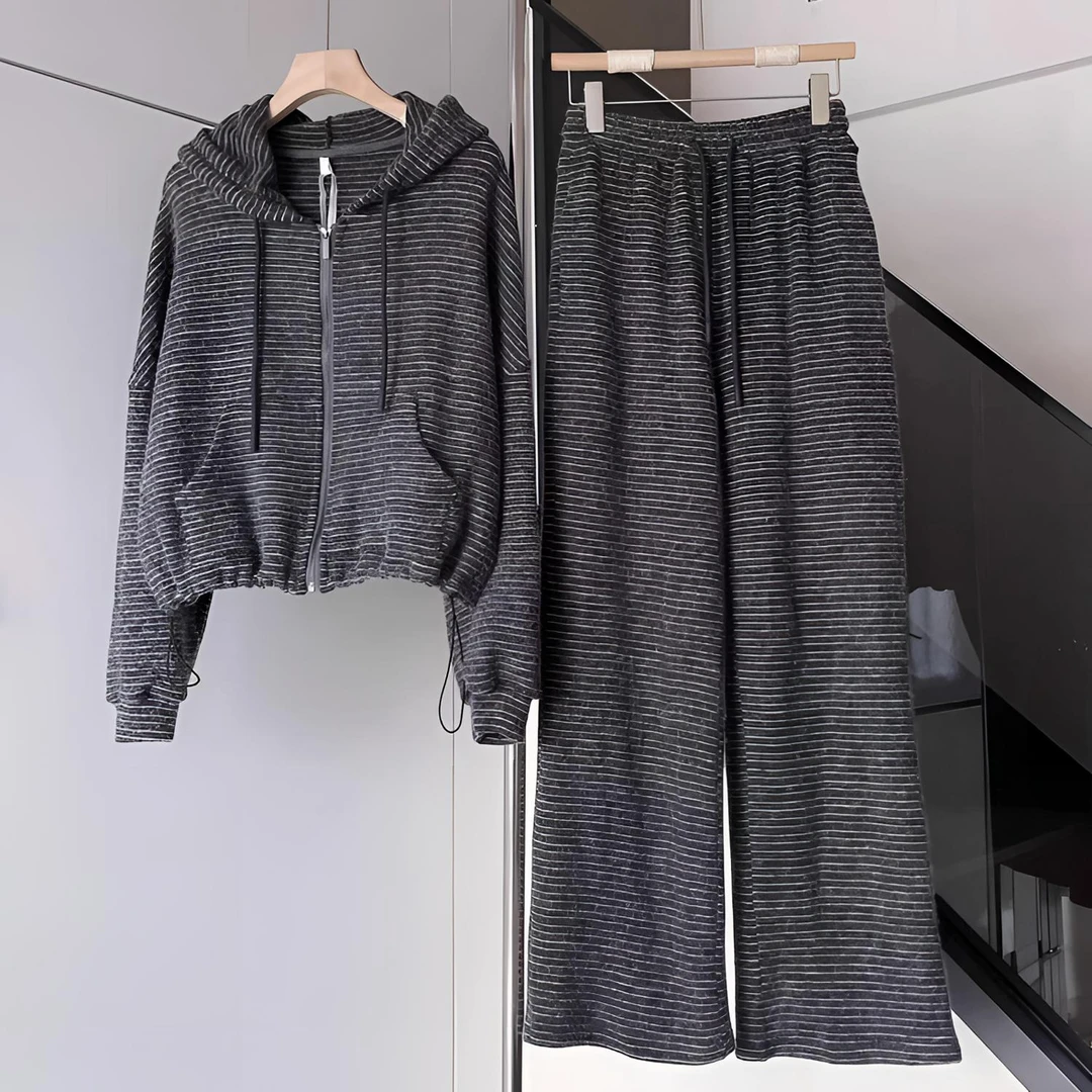 爆款来袭！春秋季条纹连帽卫衣阔腿裤女两件套，时尚洋气显瘦百搭！