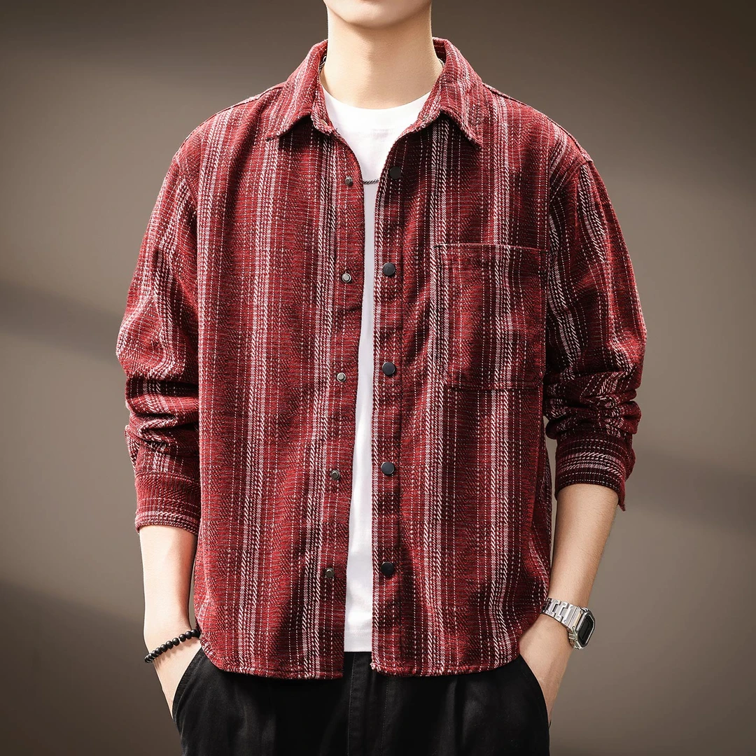 MR.MUDI/穆迪先生高端雪尼尔条纹提花长袖衬衫男秋季新款纹理外套