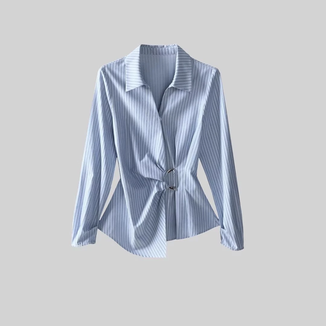 秋季换新1330蓝色小衫条纹长袖女装百搭显瘦法式修身衬衫气