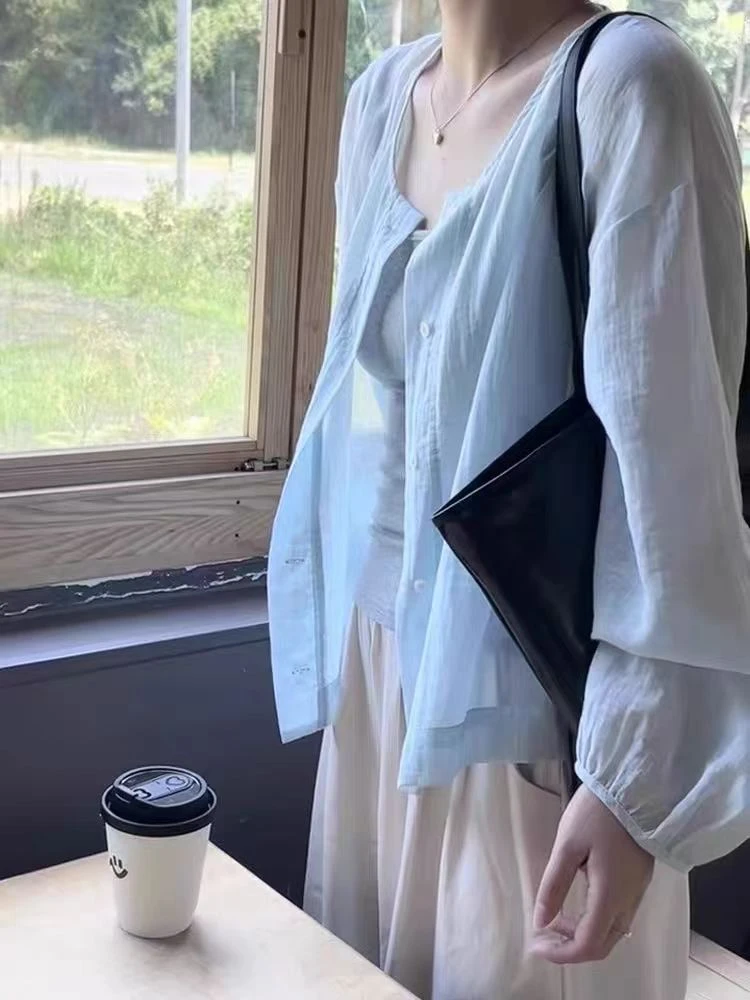休闲时尚圆领纯色衬衫女2025夏季新款宽松显瘦百搭防晒衫长袖上衣