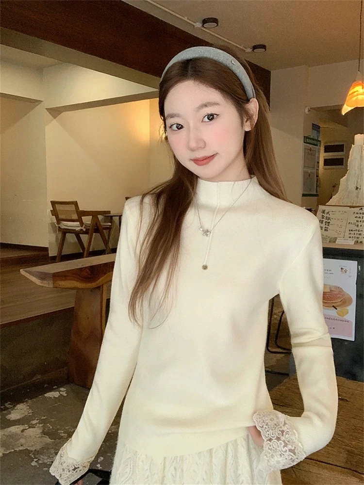 袖口蕾丝半高领配饰打底针织衫时尚显瘦百搭洋气简约新款毛衣T恤